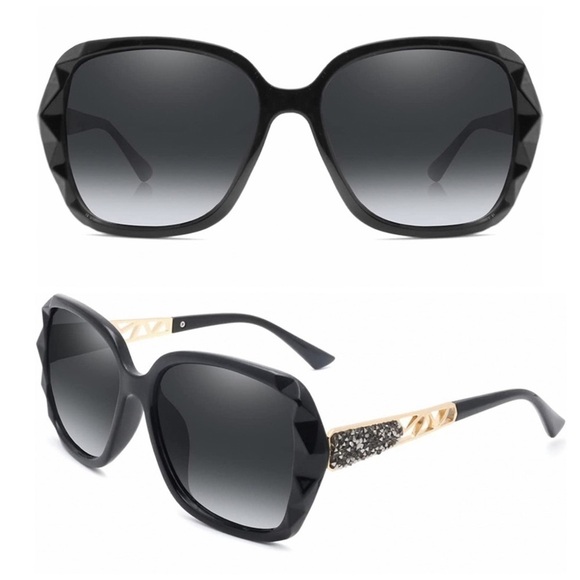 Black & Gold Oversized Square Sunglasses Polarized Tinted w Crystal Frames Nwt - Picture 5 of 12